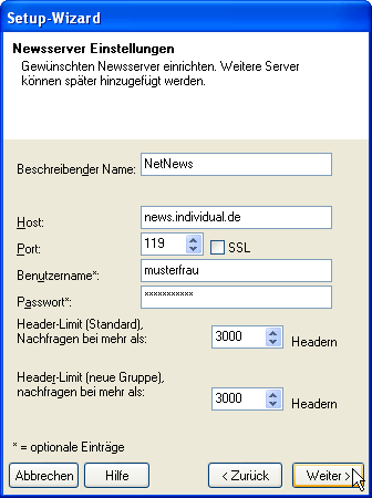 Setup-Wizard: Newsserver-Einstellungen