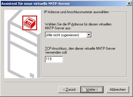 Assistent zur Erstellung des virtuellen NNTP-Servers - Angabe IP-Adresse und IP-Port