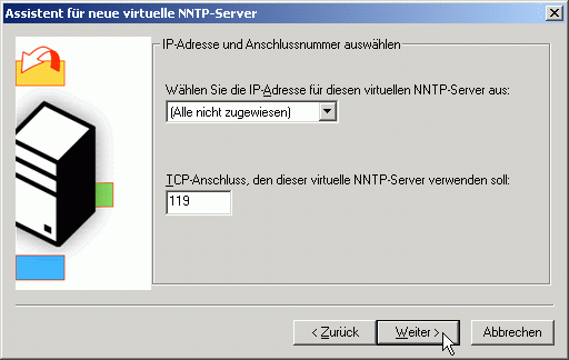 Assistent zur Erstellung des virtuellen NNTP-Servers - Angabe IP-Adresse und Port