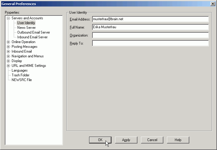 General Preferences / Servers and Accounts / User Identity