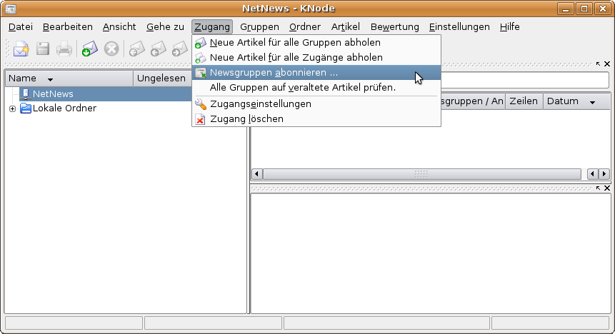 Menü Zugang - Newsgruppen abonnieren