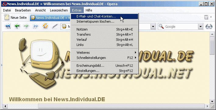 Auswahl: Extras - E-Mail und Chat-Konten