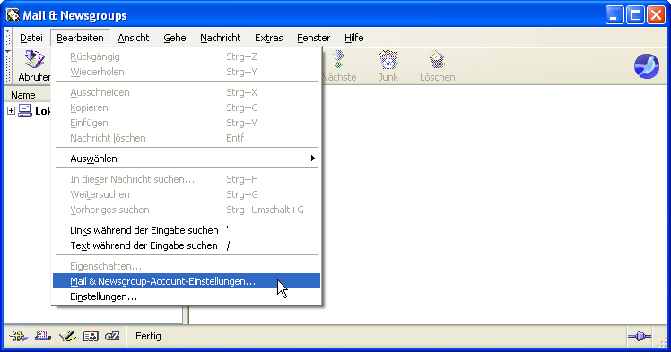 Menü: Bearbeiten - Mail & Newsgroup-Account-Einstellungen